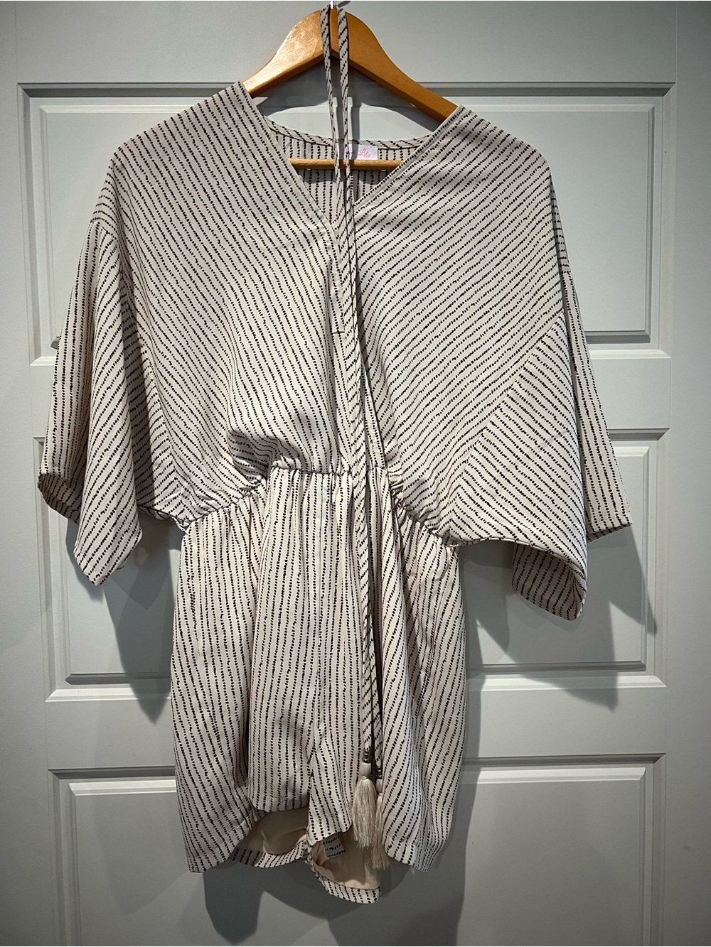 Pink Lily Striped Drawstring Waist Romper in Cream and Brown